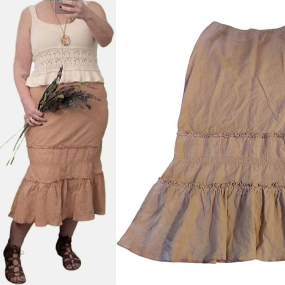 Vintage Odille Anthropologie Linen Midi Skirt Medium Ruffle Tiered Beige Neutral